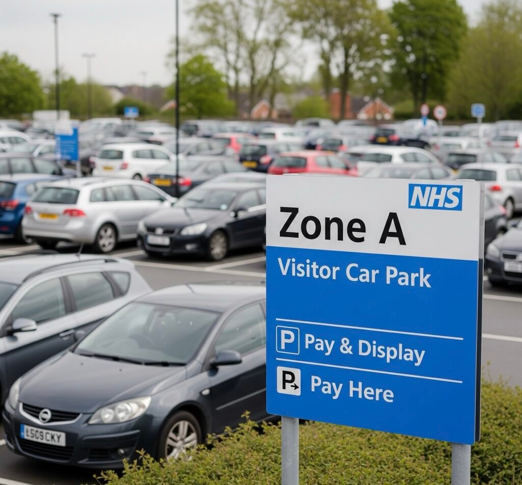 NHS visitor car park sign with pay and display instructions