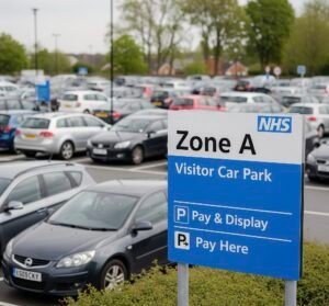 NHS visitor car park sign with pay and display instructions